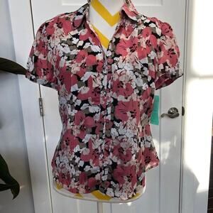 Silk Blouse Women Small Floral Print Pink White Black Short Sleeve Button Front